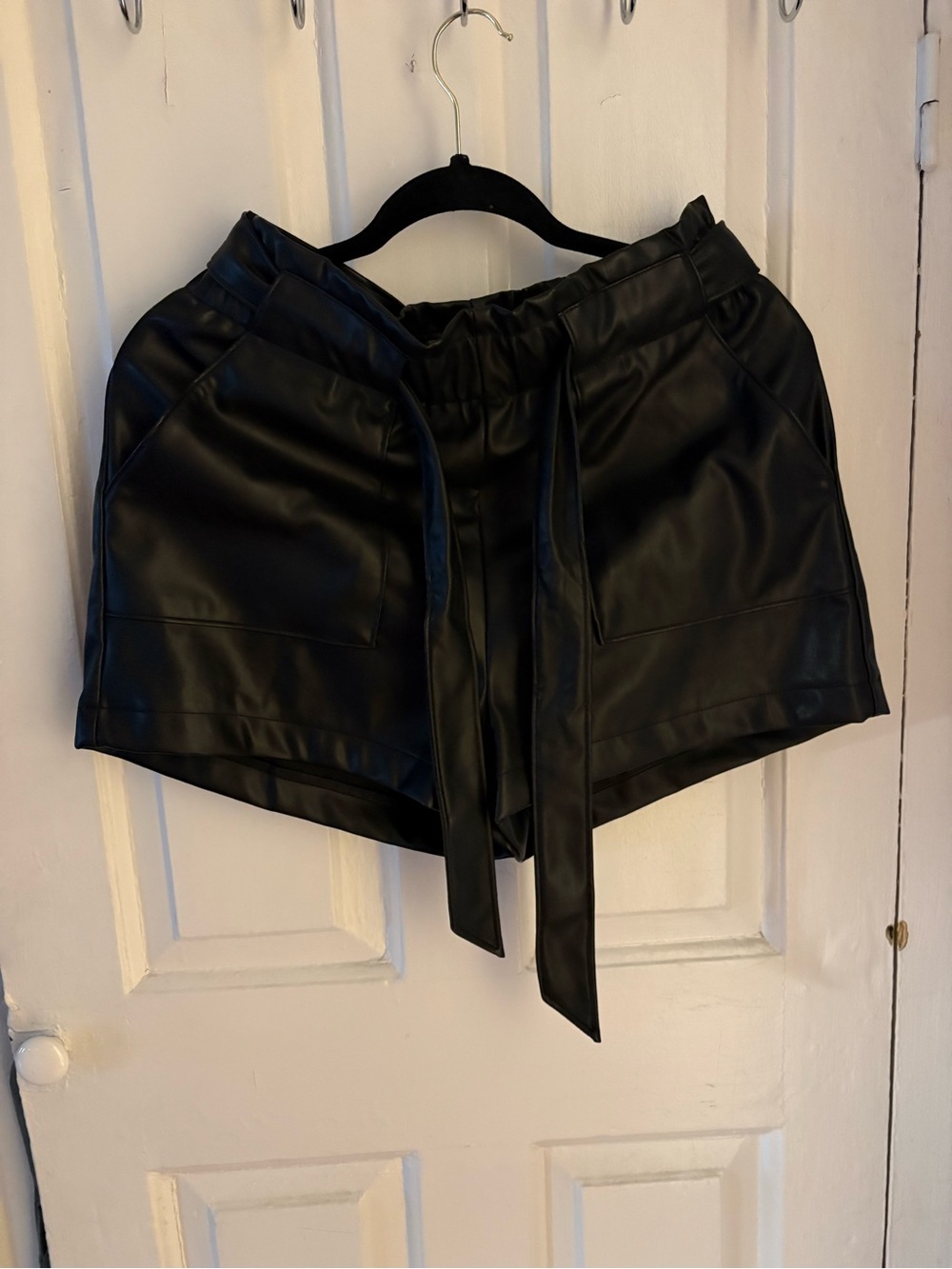 High-Rise Black Faux Leather Paperbag Shorts with Tie Belt
